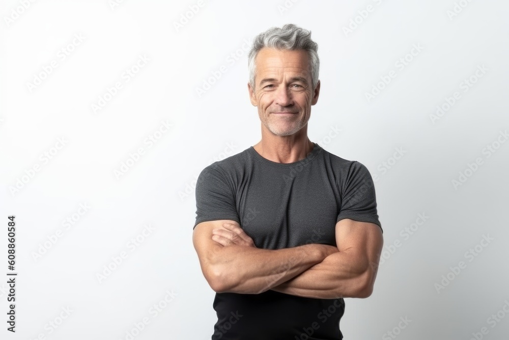 Portrait of a handsome middle-aged man with gray hair wearing black t-shirt and looking at the camera with crossed arms Portrait of a handsome middle-aged man with gray hair wearing black t-shirt and looking at the camera with crossed arms