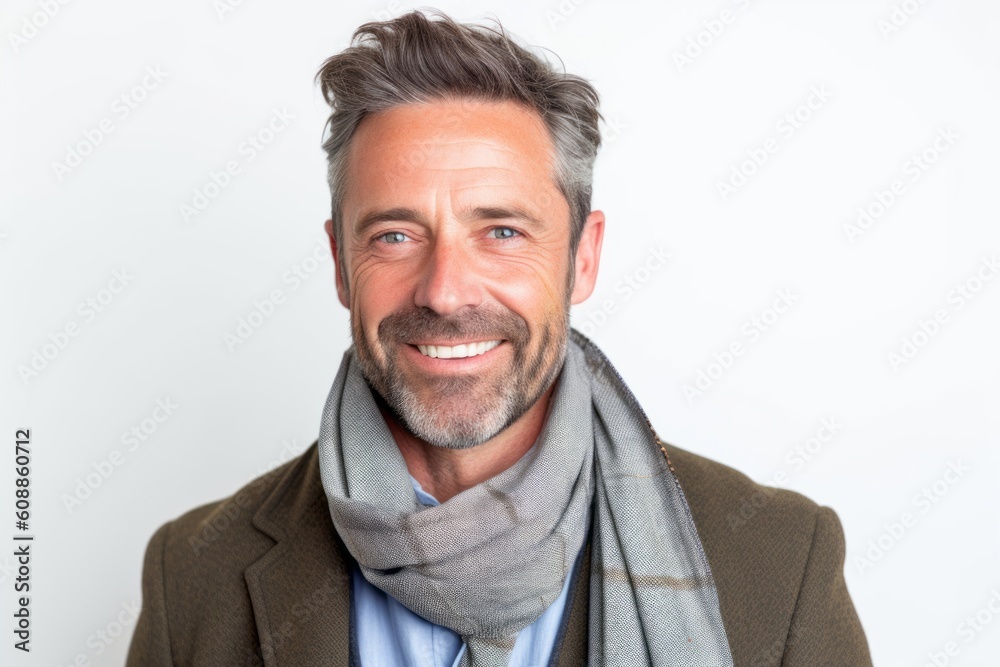 Portrait of a happy mature man with grey scarf on white background Portrait of a happy mature man with grey scarf on white background