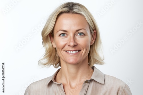 Portrait of beautiful middle-aged woman with short blond hair looking at camera