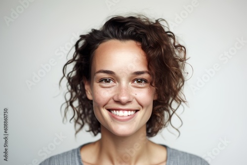 Portrait of a smiling young woman looking at camera over gray background