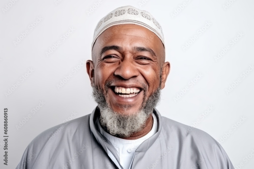 Portrait of a happy mature asian muslim man smiling and looking at camera isolated over white background Portrait of a happy mature asian muslim man smiling and looking at camera isolated over white background