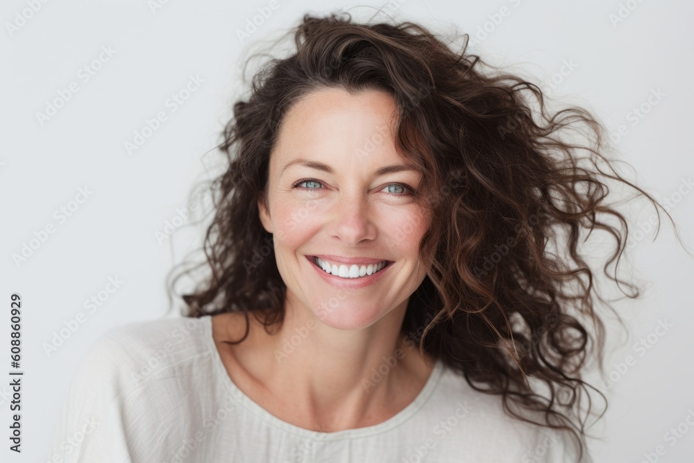 Portrait of a smiling woman with her hair blowing over white background Portrait of a smiling woman with her hair blowing over white background