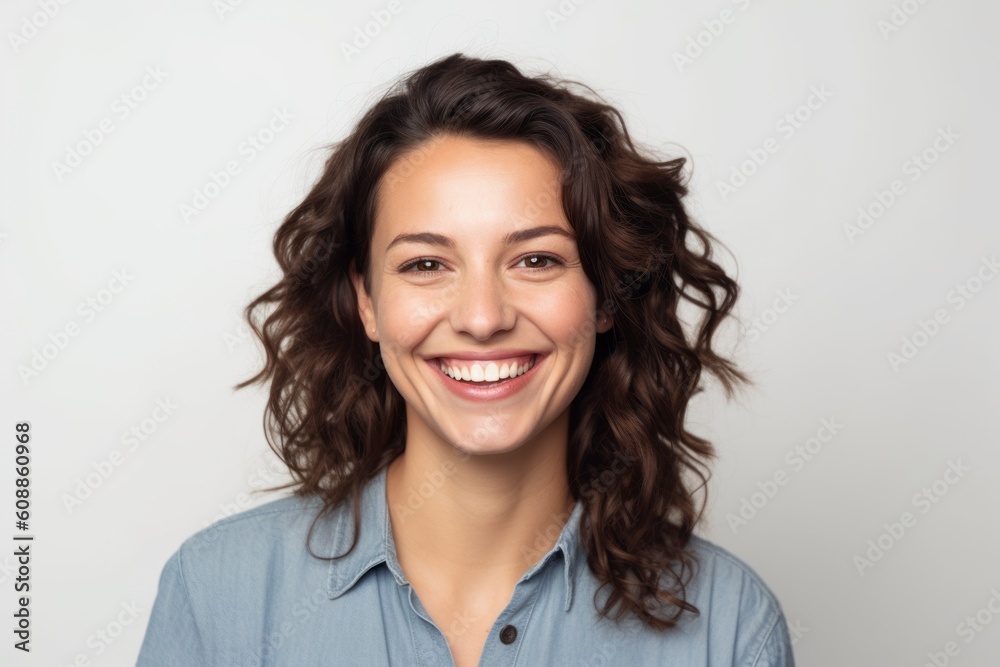 Portrait of a beautiful young woman smiling and looking at camera on gray background Portrait of a beautiful young woman smiling and looking at camera on gray background