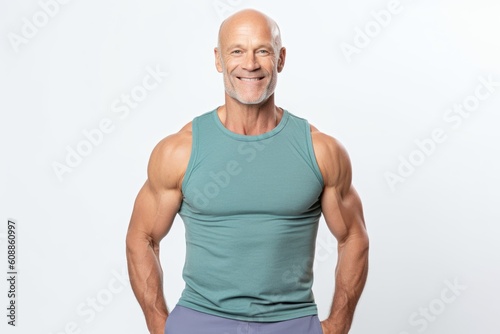 Portrait of smiling senior man in sportswear standing over white background