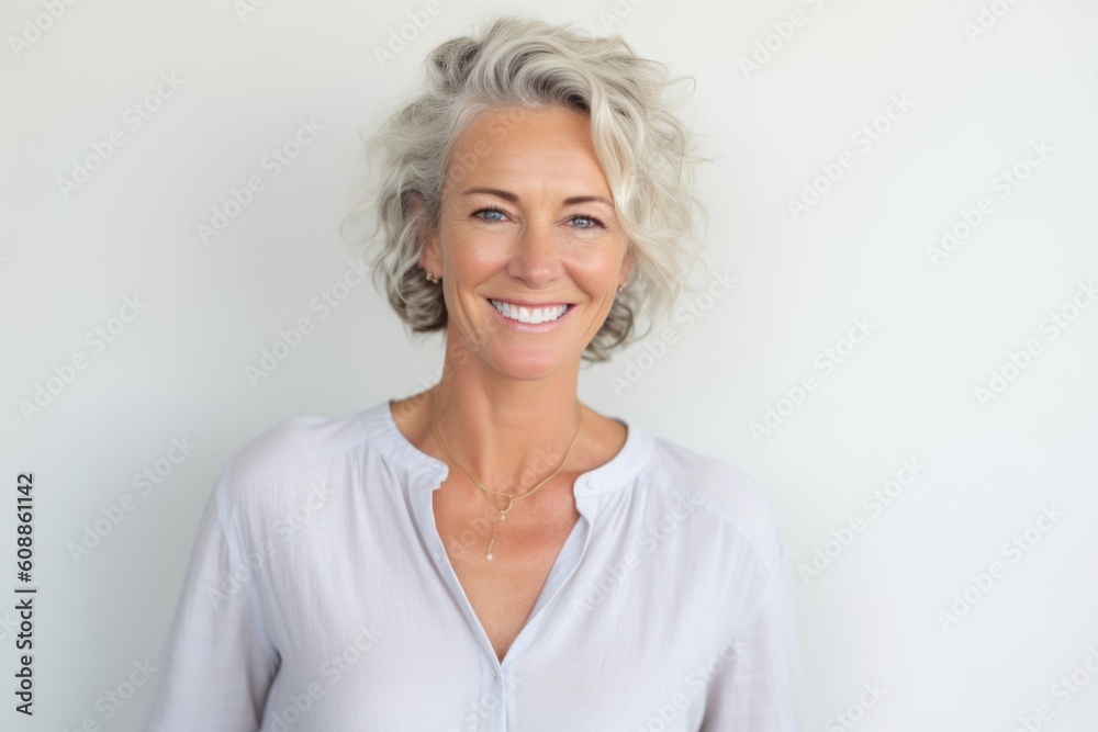 Lifestyle portrait photography of a satisfied woman in her 40s that is placed against a white background . Generative AI Lifestyle portrait photography of a satisfied woman in her 40s that is placed against a white background . Generative AI