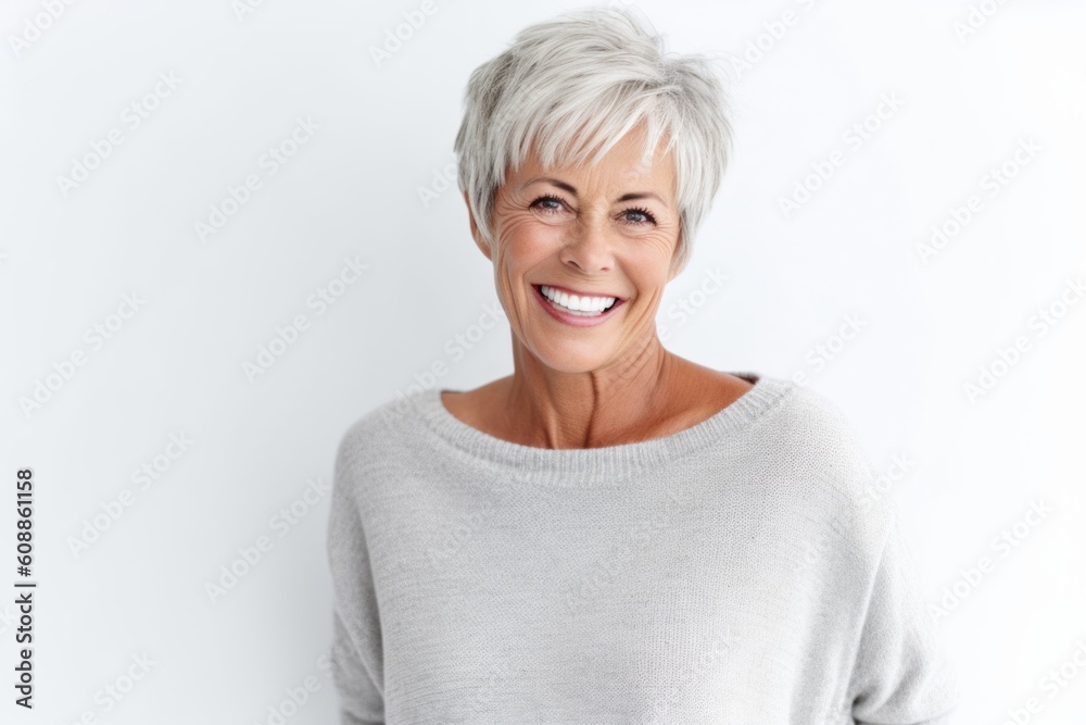 Portrait of a happy mature woman smiling at camera while standing against white background Portrait of a happy mature woman smiling at camera while standing against white background