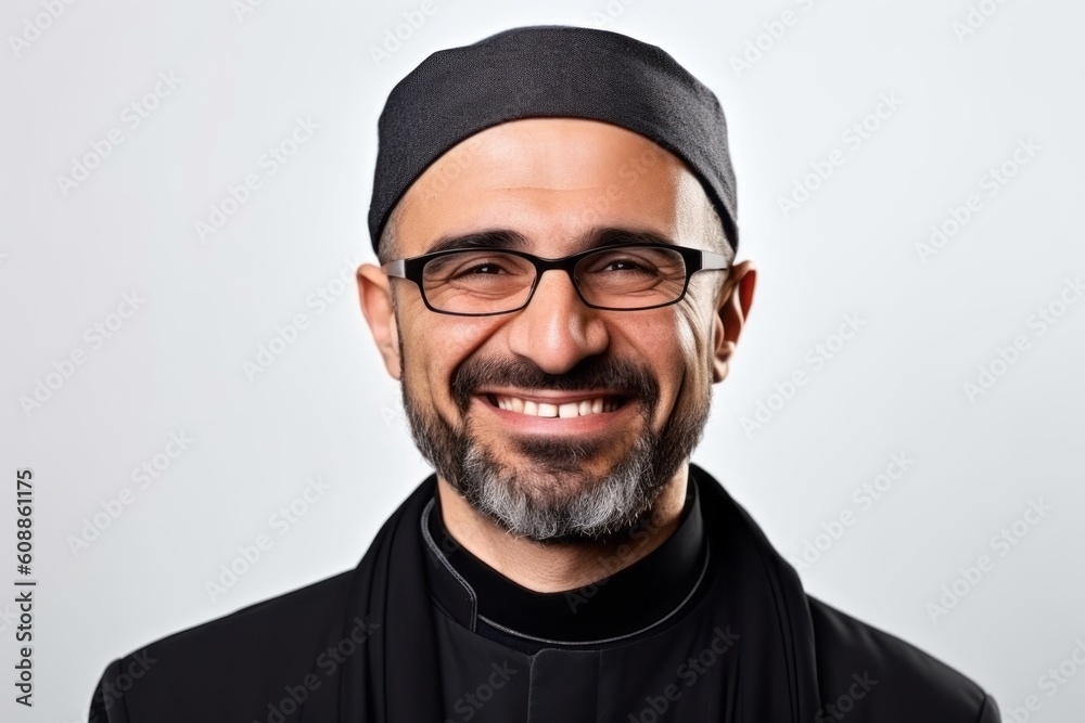 Portrait of a smiling muslim man in black t-shirt and glasses Portrait of a smiling muslim man in black t-shirt and glasses