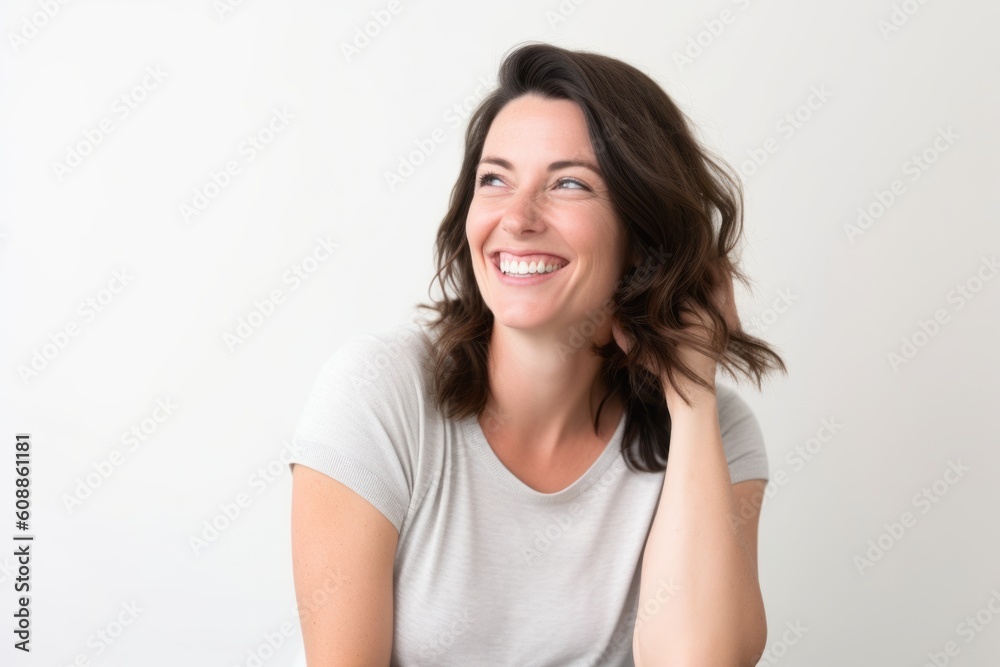 Portrait of a beautiful young woman with long wavy hair smiling on white background Portrait of a beautiful young woman with long wavy hair smiling on white background