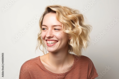 Portrait of a beautiful young woman with blond curly hair on white background