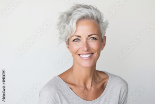 Portrait of smiling woman with grey hair against white background in studio