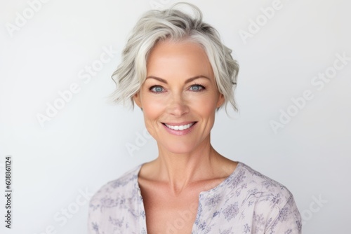 Portrait of beautiful mature woman smiling at camera on white background.
