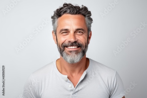 Portrait of a handsome mature man smiling at the camera while standing against grey background