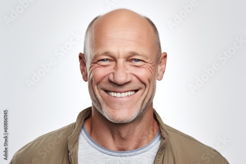 Portrait of a mature man smiling against a white background with copy space