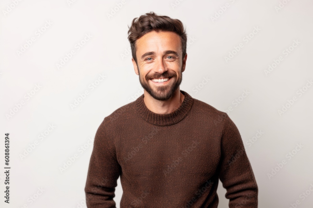 Portrait of a handsome young man smiling at the camera on a white background