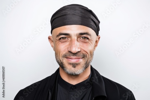 Portrait of a smiling muslim man wearing a headscarf