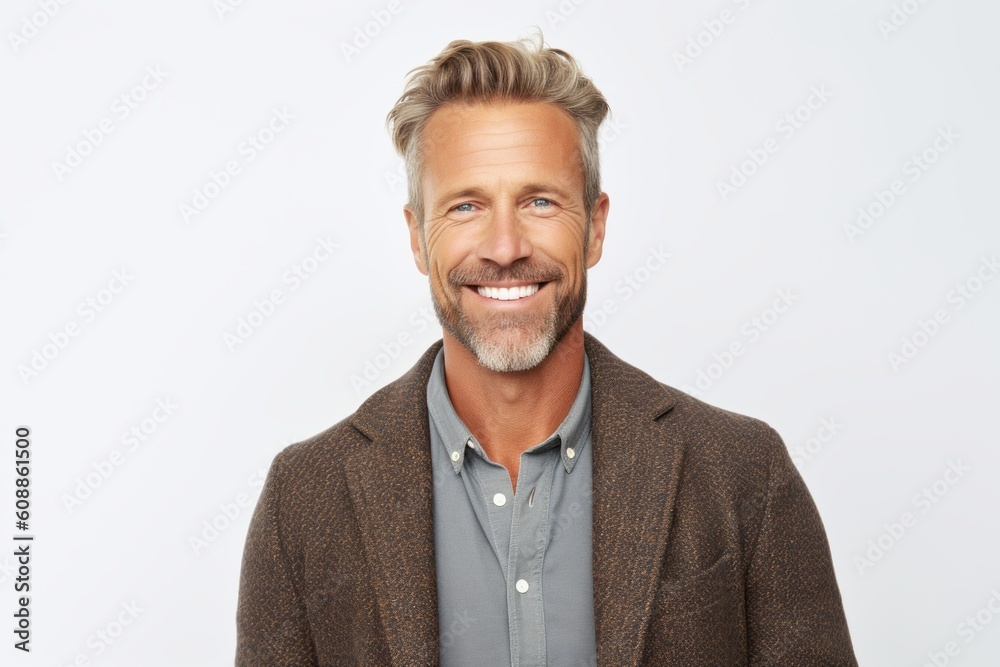 Portrait of handsome mature man smiling at camera while standing against white background Portrait of handsome mature man smiling at camera while standing against white background