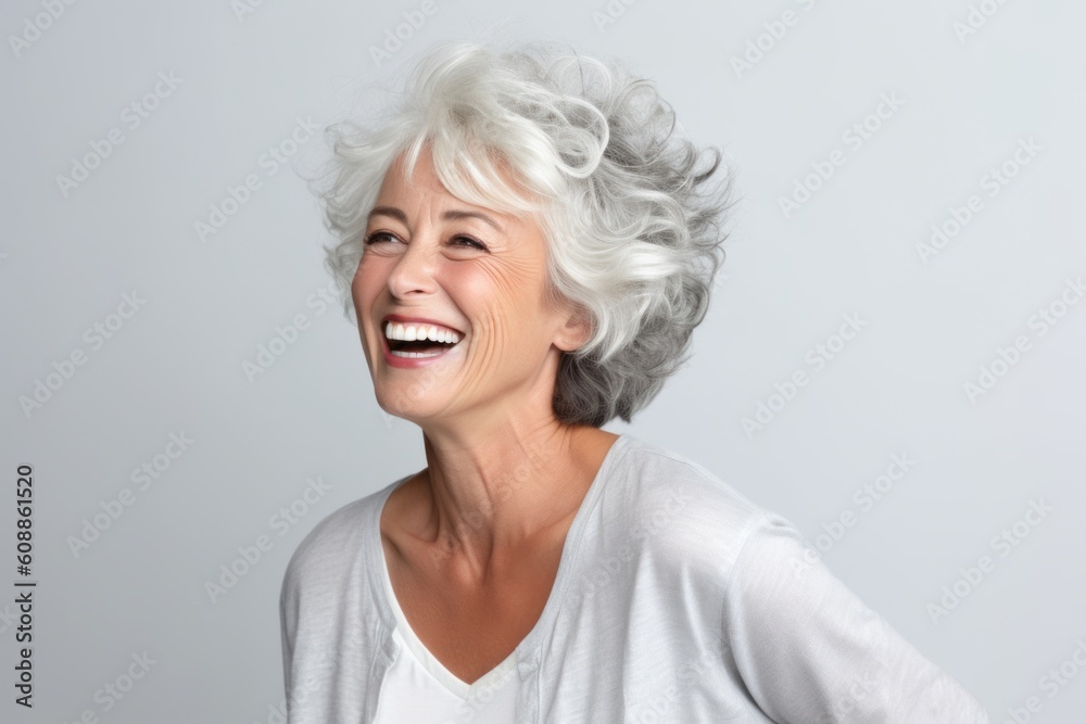 Lifestyle portrait photography of a satisfied woman in her 60s that is placed against a white background . Generative AI Lifestyle portrait photography of a satisfied woman in her 60s that is placed against a white background . Generative AI