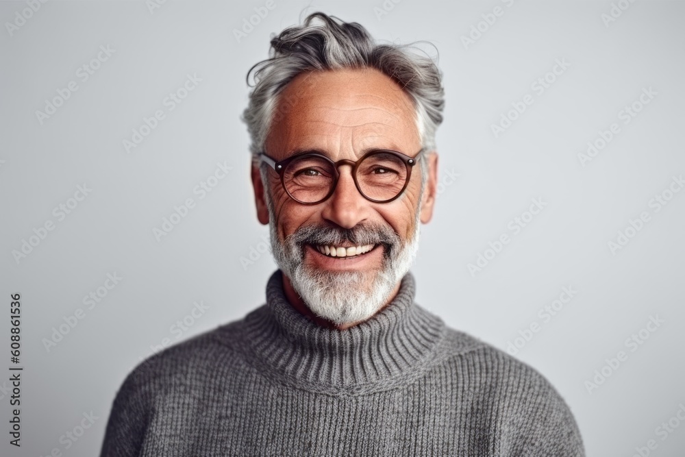 Portrait of a smiling senior man in eyeglasses looking at camera isolated on a gray background Portrait of a smiling senior man in eyeglasses looking at camera isolated on a gray background