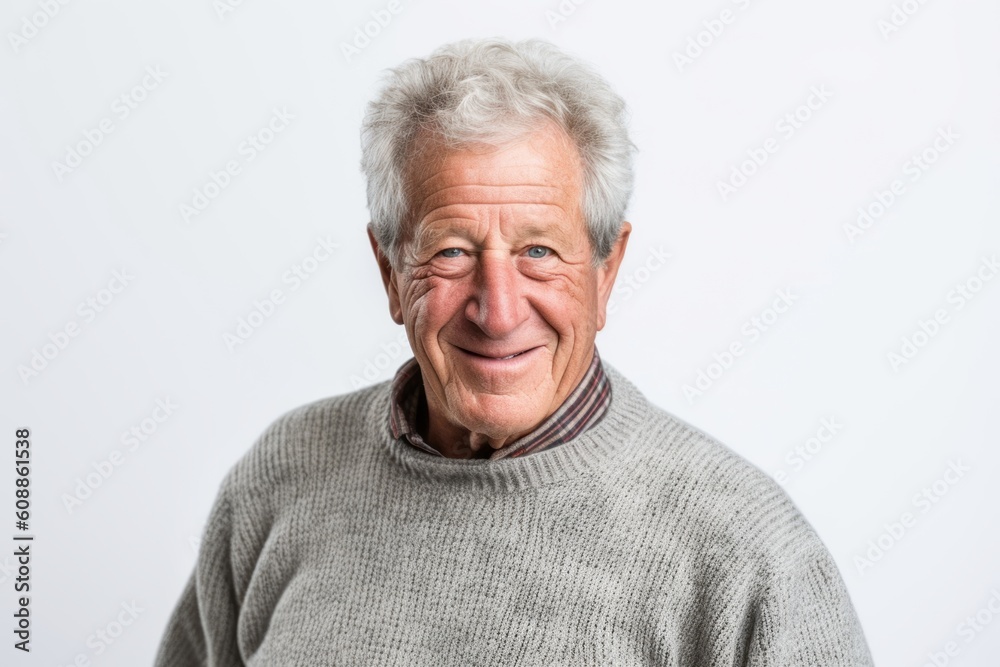 Group portrait photography of a satisfied man in his 60s that is wearing a cozy sweater against a white background . Generative AI Group portrait photography of a satisfied man in his 60s that is wearing a cozy sweater against a white background . Generative AI