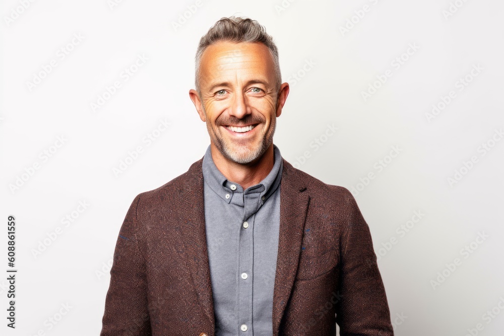 Portrait of a handsome mature man smiling at the camera while standing against white background Portrait of a handsome mature man smiling at the camera while standing against white background