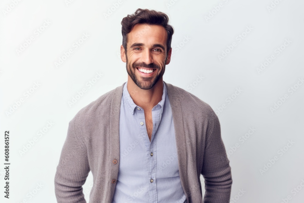 Portrait of handsome young man looking at camera and smiling while standing against white background Portrait of handsome young man looking at camera and smiling while standing against white background
