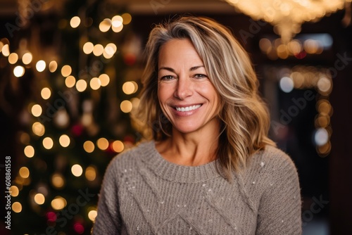 Portrait of a beautiful woman smiling in front of a Christmas tree © Leon Waltz