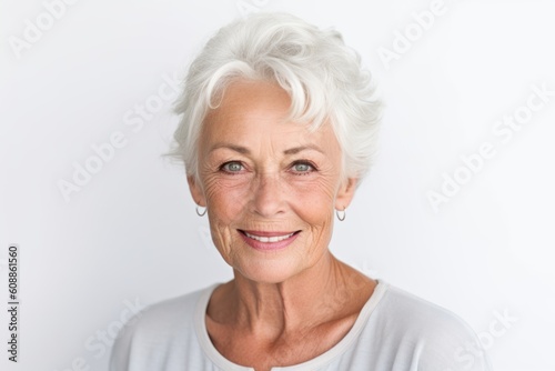 Portrait of a senior woman smiling at the camera on white background