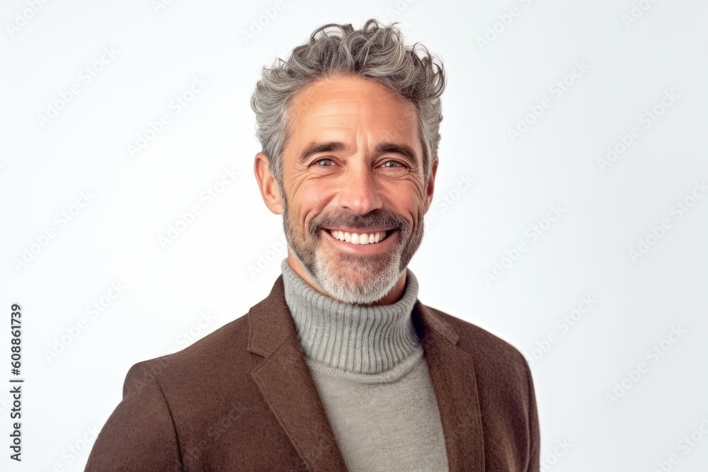 Handsome middle-aged man with gray hair smiling and looking at camera.