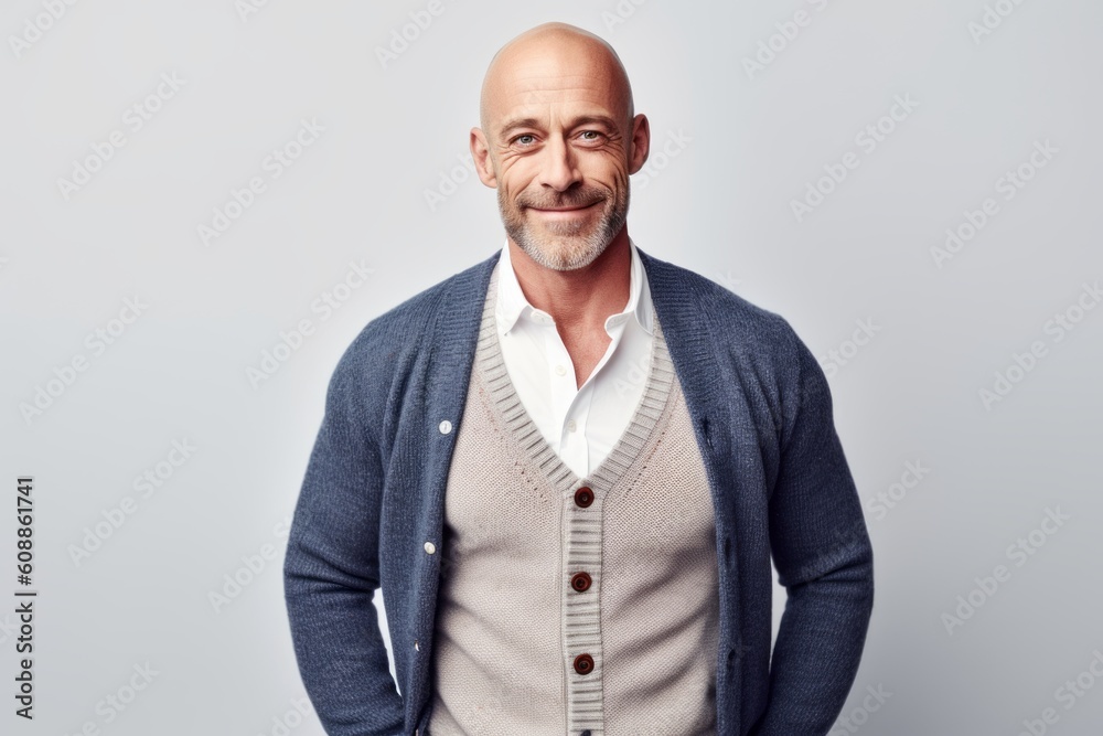 Portrait of a confident mature man standing with hands on hip against grey background Portrait of a confident mature man standing with hands on hip against grey background