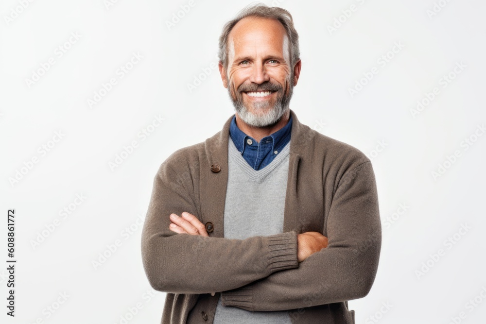 Portrait of a smiling mature man standing with arms crossed isolated on a white background Portrait of a smiling mature man standing with arms crossed isolated on a white background