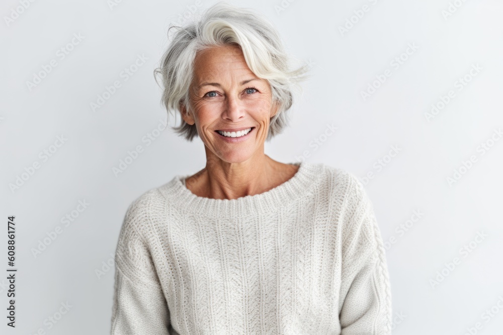 Portrait of a happy senior woman smiling at camera over white background Portrait of a happy senior woman smiling at camera over white background