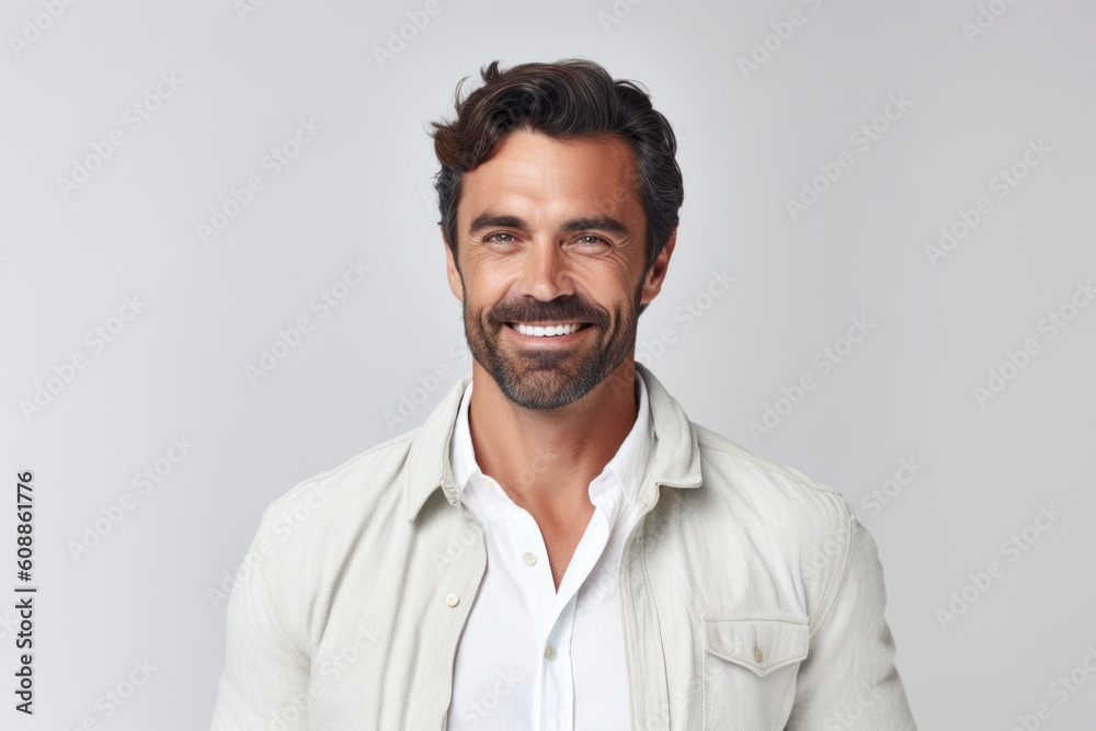 Fototapeta premium Portrait of a handsome man smiling at the camera over white background