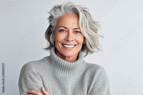 Close-up portrait photography of a pleased woman in her 50s that is wearing a cozy sweater against a white background . Generative AI