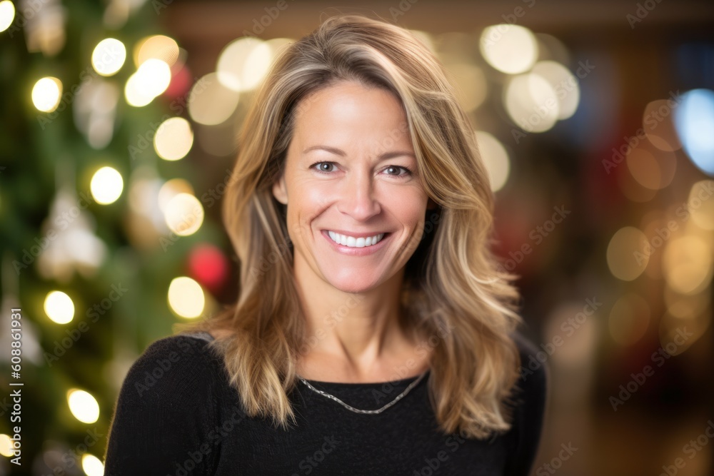 Portrait of a beautiful woman with christmas lights in the background Portrait of a beautiful woman with christmas lights in the background