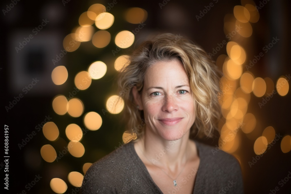 Portrait of a beautiful middle-aged woman in front of a Christmas tree Portrait of a beautiful middle-aged woman in front of a Christmas tree