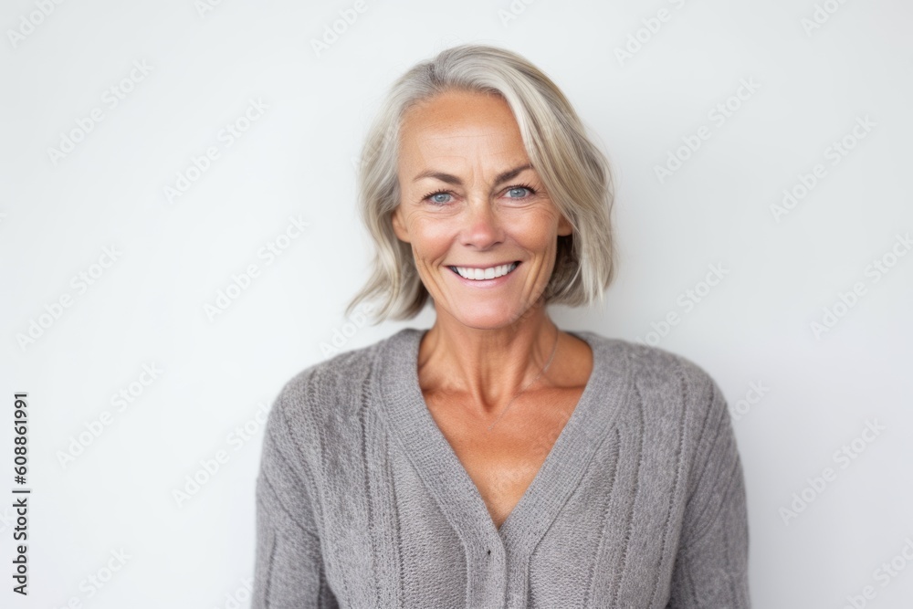 Portrait of happy mature woman smiling at camera against white background in studio Portrait of happy mature woman smiling at camera against white background in studio