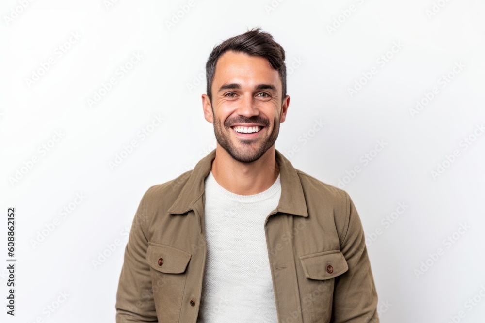 Portrait of handsome young man smiling at camera while standing against white background Portrait of handsome young man smiling at camera while standing against white background