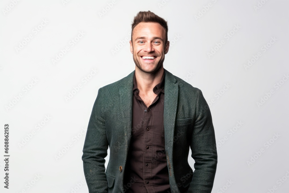 Medium shot portrait photography of a grinning man in his 30s that is wearing a chic cardigan against a white background . Generative AI Medium shot portrait photography of a grinning man in his 30s that is wearing a chic cardigan against a white background . Generative AI