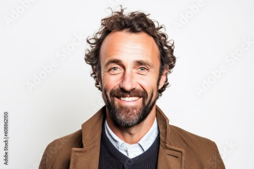 Portrait of a handsome man with curly hair smiling at camera over white background © Anne-Marie Albrecht