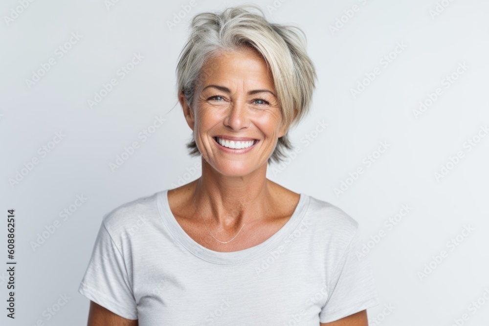 Portrait of happy mature woman smiling at camera over white background. Portrait of happy mature woman smiling at camera over white background.