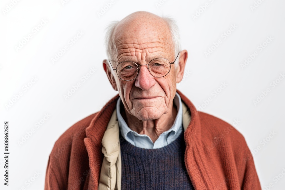 Portrait of an elderly man with glasses on a white background.