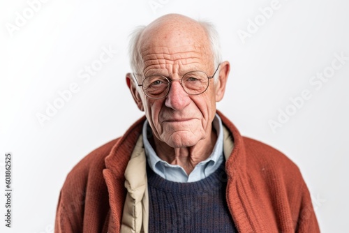 Portrait of an elderly man with glasses on a white background.