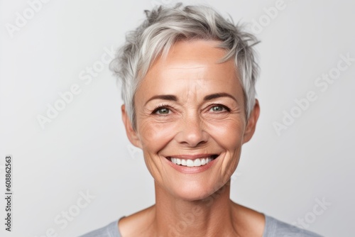 Close-up portrait photography of a pleased woman in her 50s that is wearing knee-length shorts against a white background . Generative AI