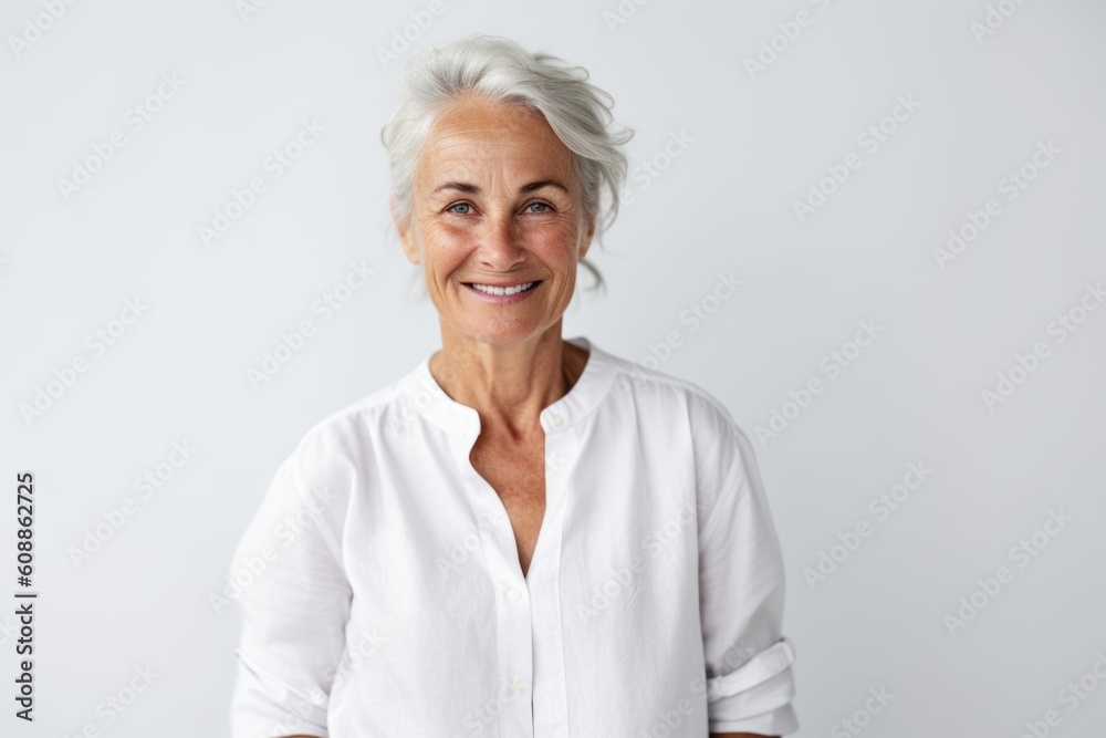 Portrait of a happy senior woman smiling at camera over white background