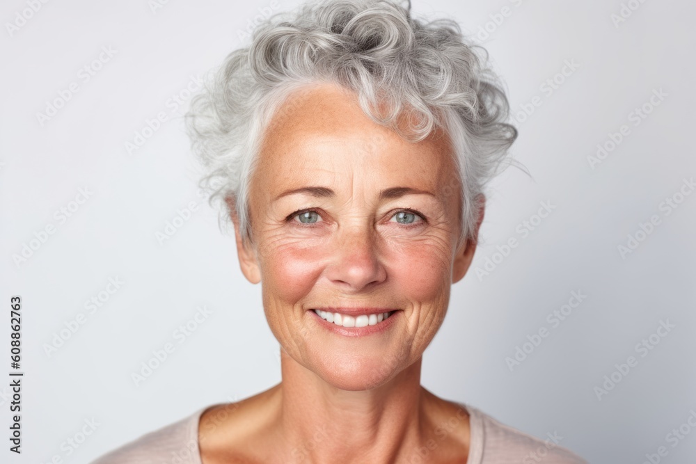 Close up portrait of smiling senior woman with grey hair on white background
