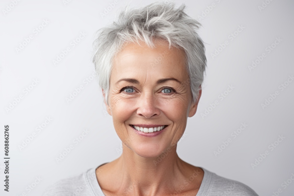 Portrait of happy mature woman with grey hair smiling at camera.