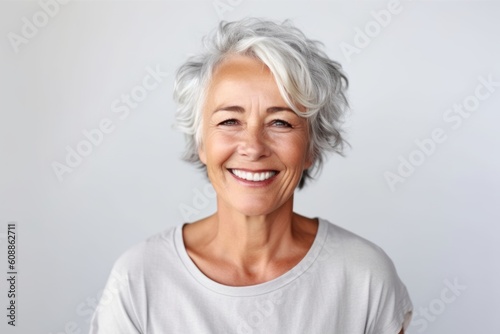 Portrait of a senior woman with grey hair smiling at the camera