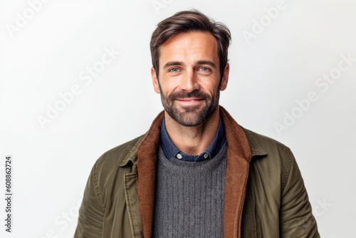 Portrait of a handsome man smiling at camera on a white background