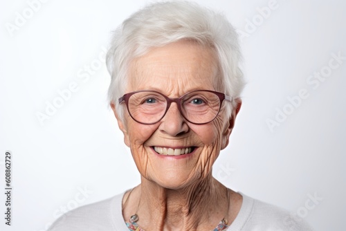 Obraz na płótnie Headshot portrait photography of a grinning woman in her 80s that is placed against a white background w salonie