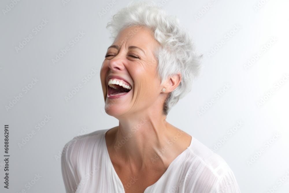 Portrait of a happy mature woman laughing and looking at the camera Portrait of a happy mature woman laughing and looking at the camera